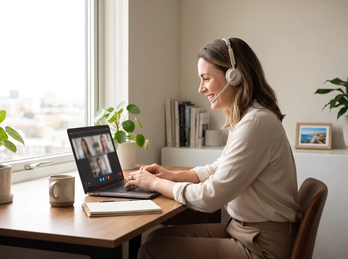Leende kvinna med headset under ett videomöte på en bärbar dator vid ett ljust fönster.