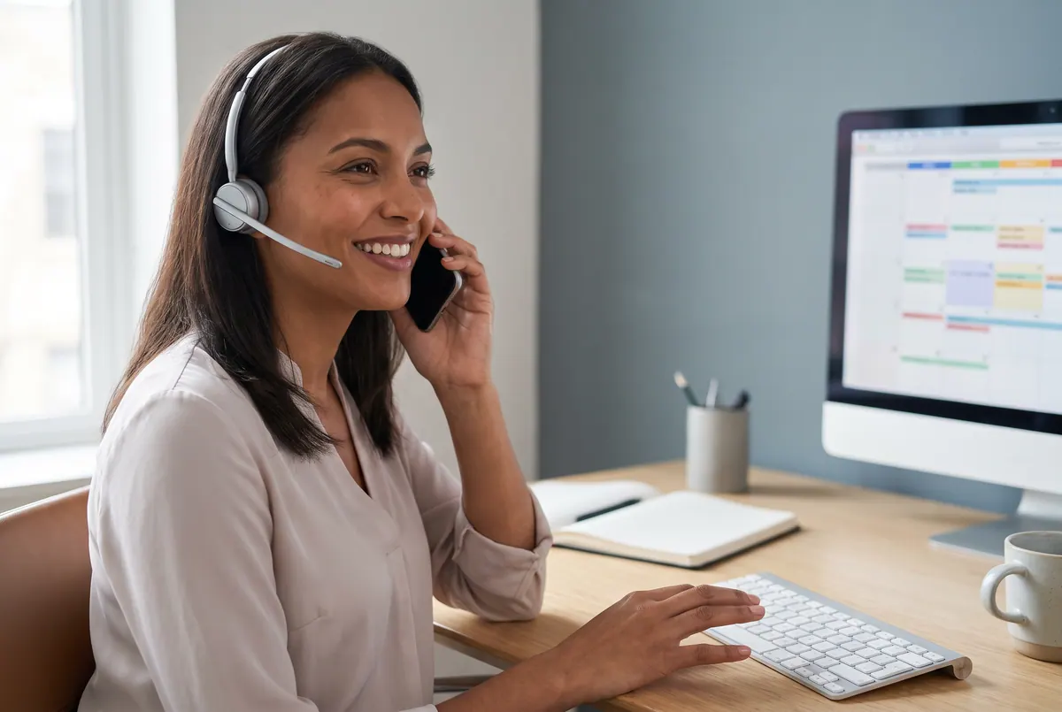 Leende kvinna med headset pratar i telefon vid ett skrivbord bredvid en dator som visar en kalender.