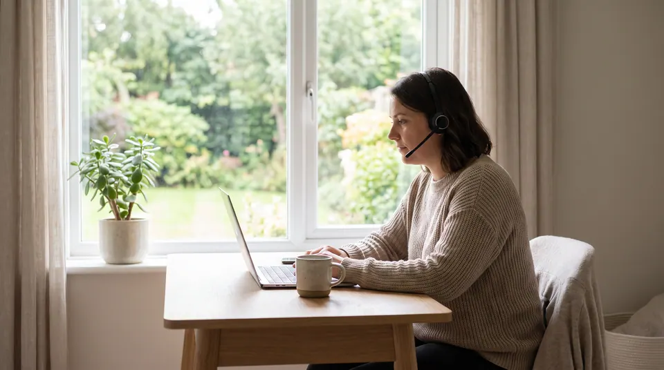 Person mit Headset arbeitet an einem Laptop an einem Tisch am Fenster