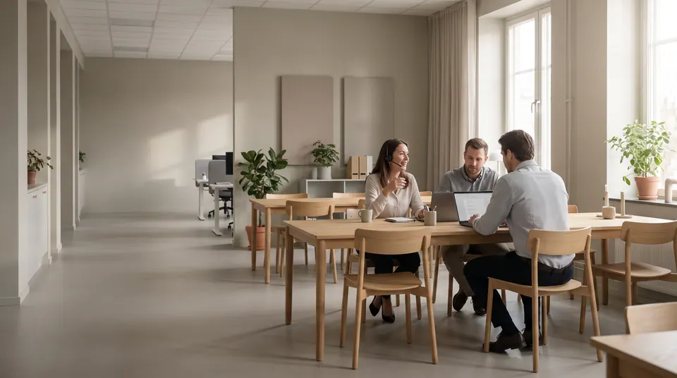 Tre kollegor sitter vid ett träbord på ett ljust, modernt kontor och samarbetar med bärbara datorer och headset.