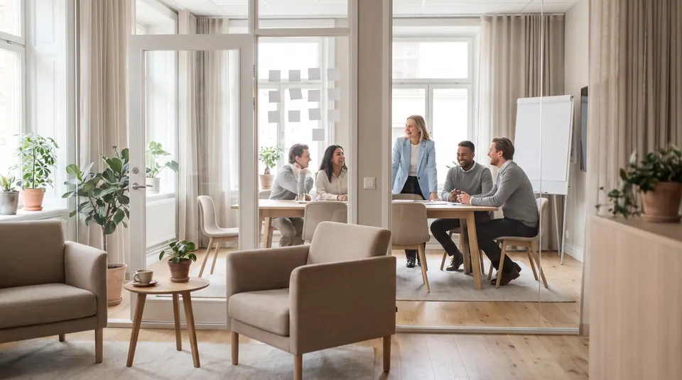 Kollegen sitzen und lächeln an einem Besprechungstisch in einem modernen, hellen Büro mit Glaswänden.