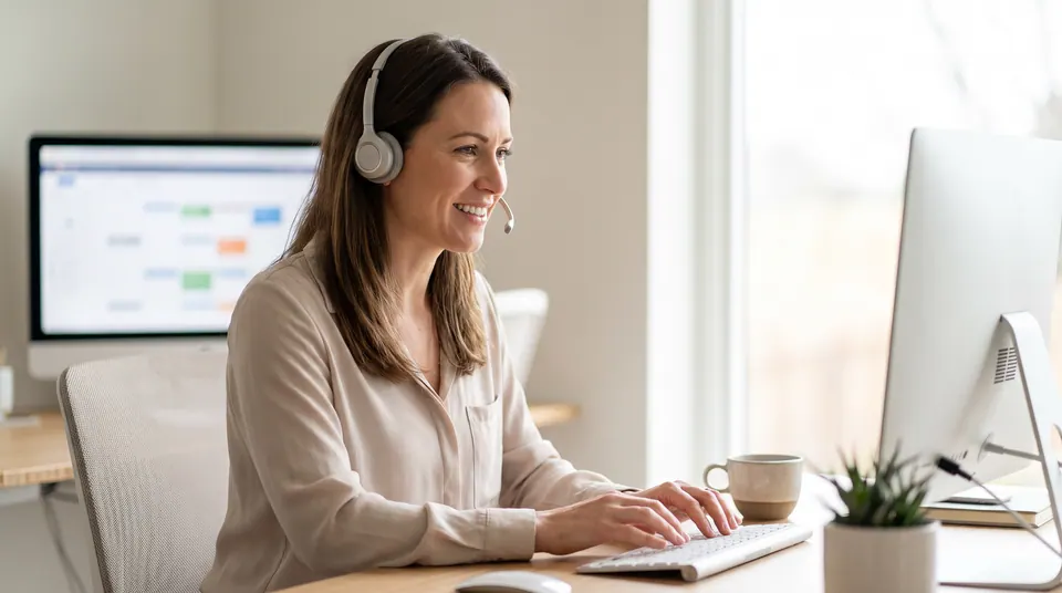 Lächelnde Frau mit Headset tippt an einem Computer an einem Schreibtisch.