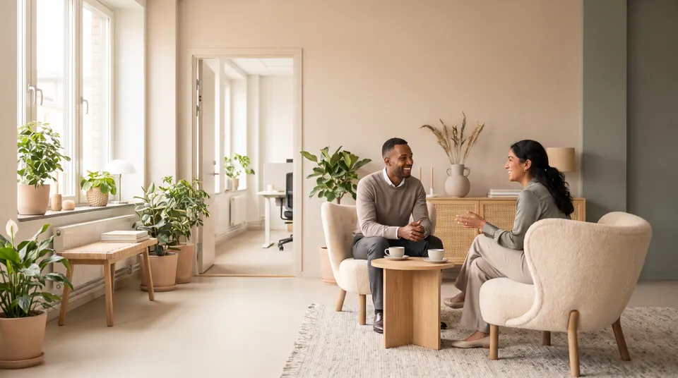 Two colleagues sit in comfortable armchairs by a coffee table, smiling and talking in a bright, modern office.